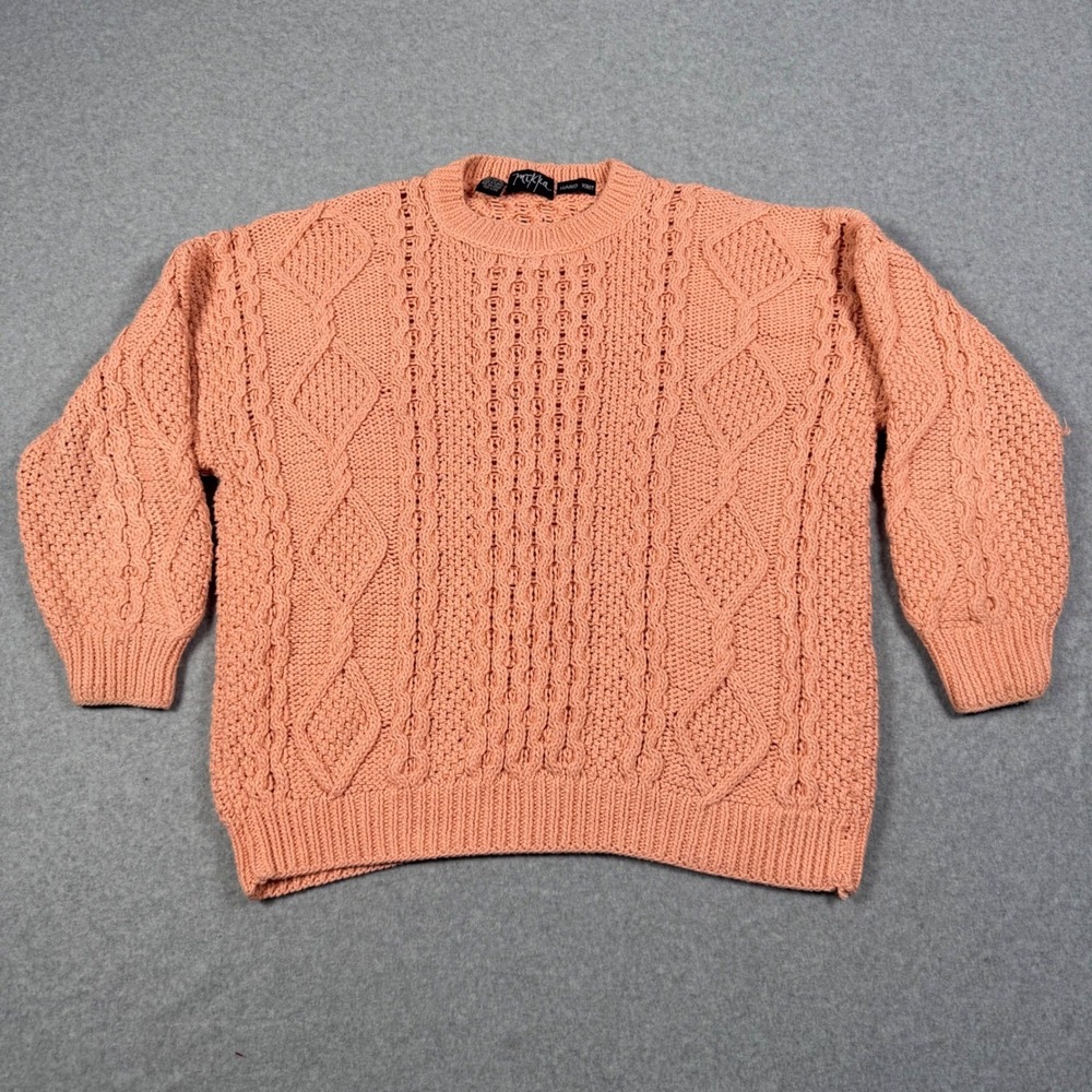 Vintage 80s Mikka Hand Knit Sweater One Size Coral Peach Cable Knit Cotton